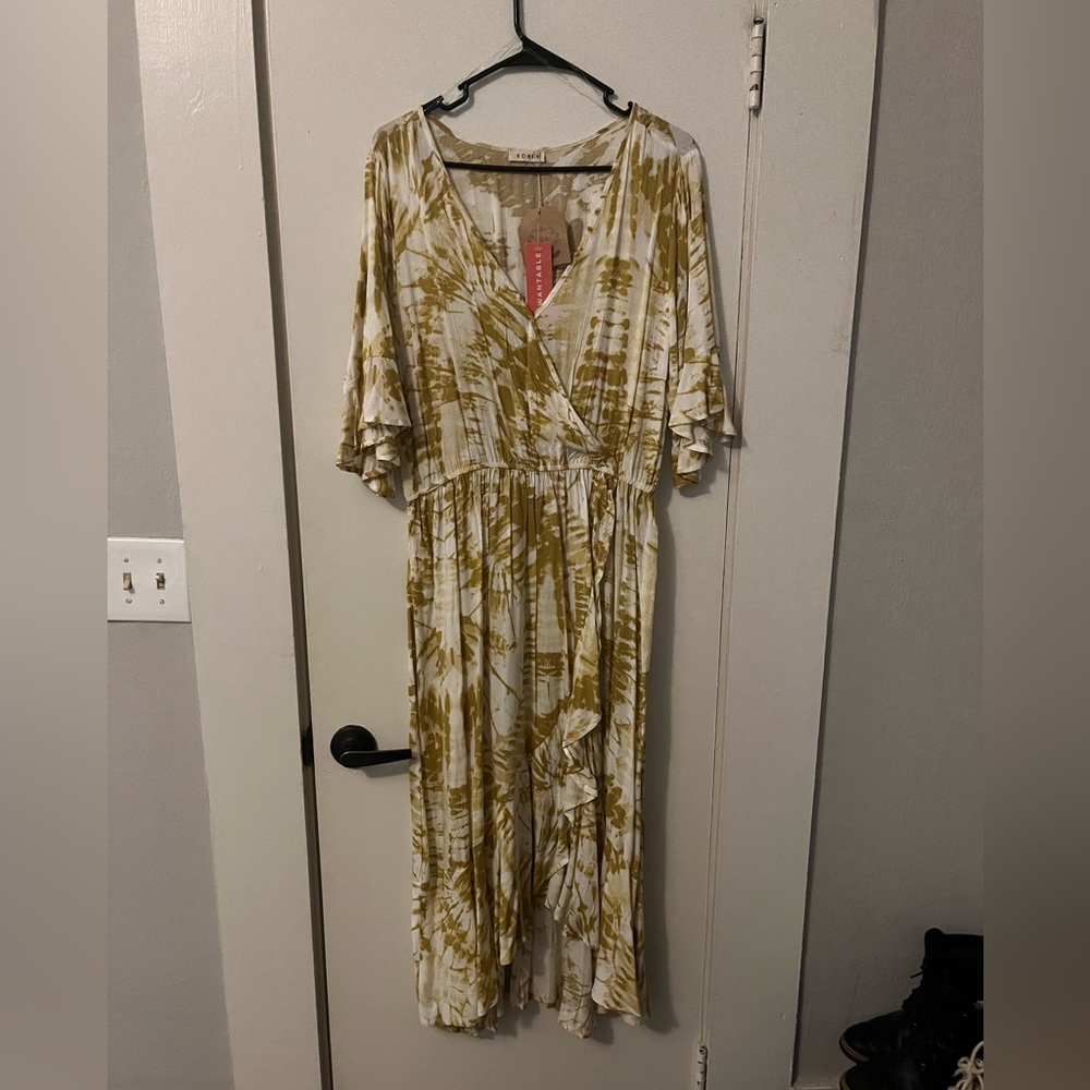 Tie die yellow cross front dress